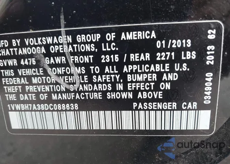 2013 Volkswagen Passat 2.5L Se from USA, damaged, VIN 1VWBH7A38DC088638